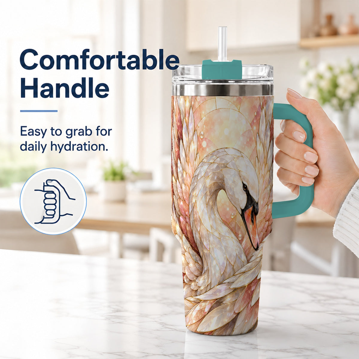 #pl[40oz|Green] Pearl Swan 40oz Tumbler with Handle, Iridescent Bird Drinkware