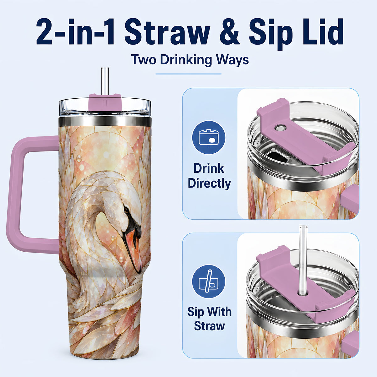 #pl[40oz|Pink] Pearl Swan 40oz Tumbler with Handle, Iridescent Bird Drinkware