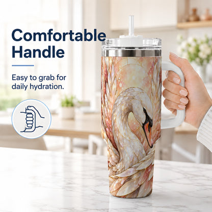 #pl[40oz|White] Pearl Swan 40oz Tumbler with Handle, Iridescent Bird Drinkware