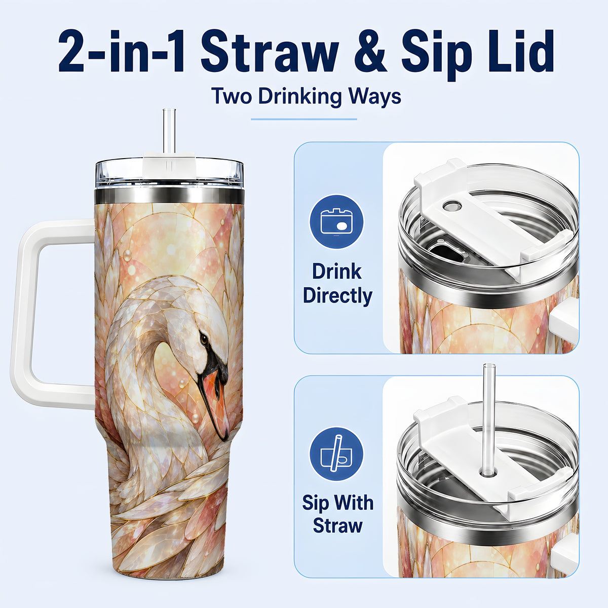 #pl[40oz|White] Pearl Swan 40oz Tumbler with Handle, Iridescent Bird Drinkware