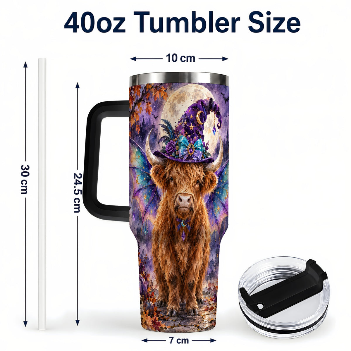 #pl[40oz|Black] Halloween Highland Cow 40oz Tumbler with Handle, Witchy Farm Animal