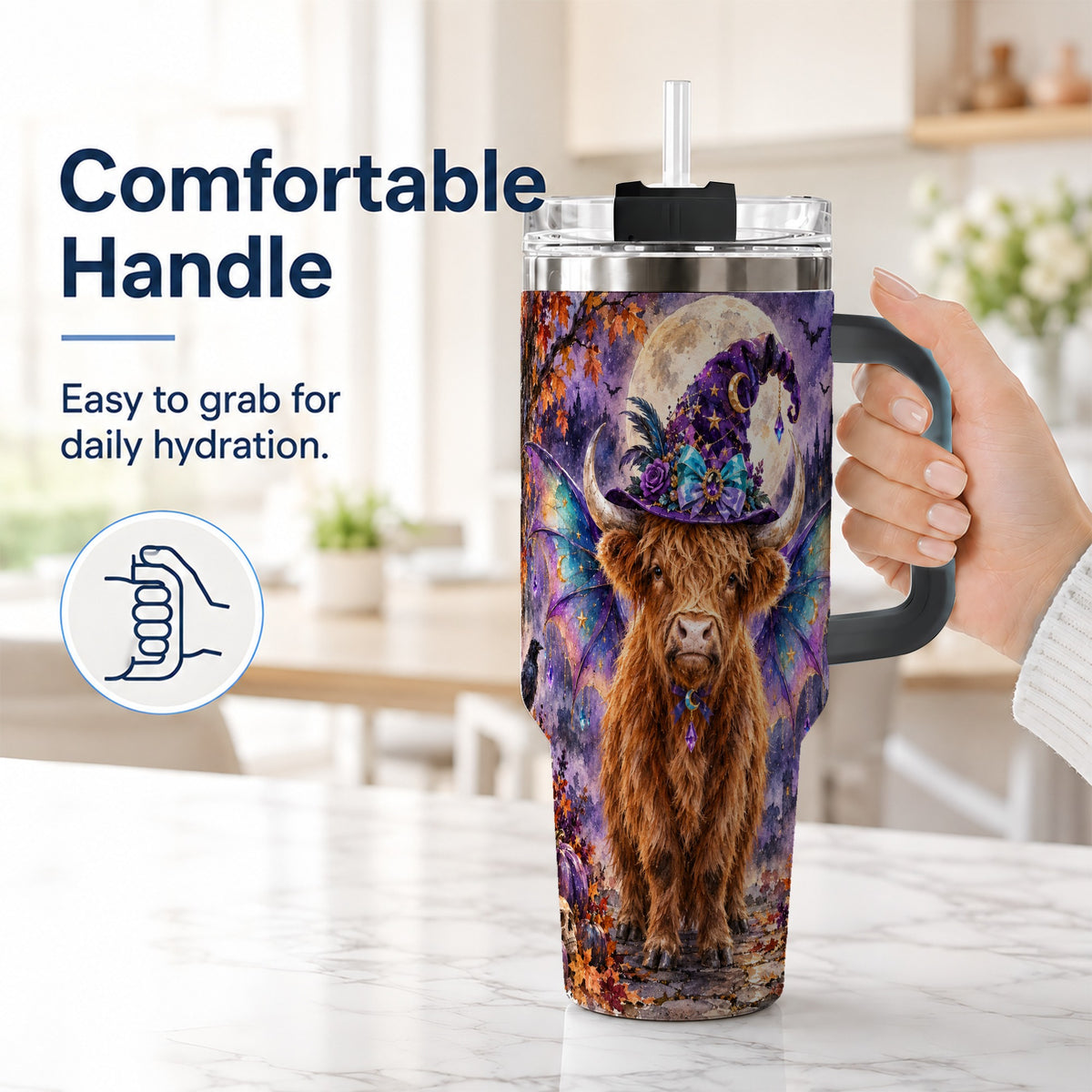 #pl[40oz|Black] Halloween Highland Cow 40oz Tumbler with Handle, Witchy Farm Animal