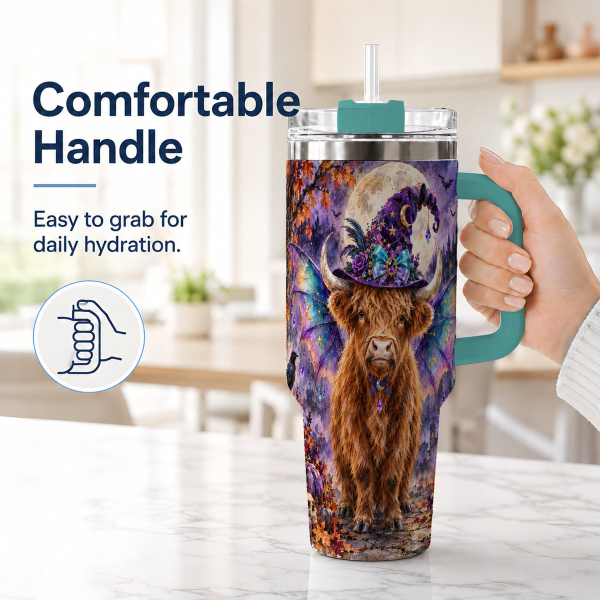#pl[40oz|Green] Halloween Highland Cow 40oz Tumbler with Handle, Witchy Farm Animal