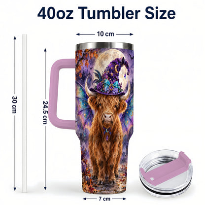 #pl[40oz|Pink] Halloween Highland Cow 40oz Tumbler with Handle, Witchy Farm Animal