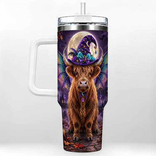 Witch Highland Cow 40oz Tumbler with Handle, Halloween Farm Animal