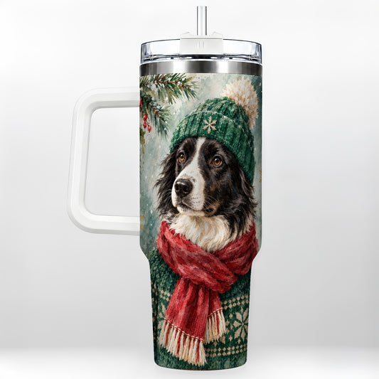 Christmas Dog 40oz Tumbler with Handle, Cozy Winter Puppy Artwork