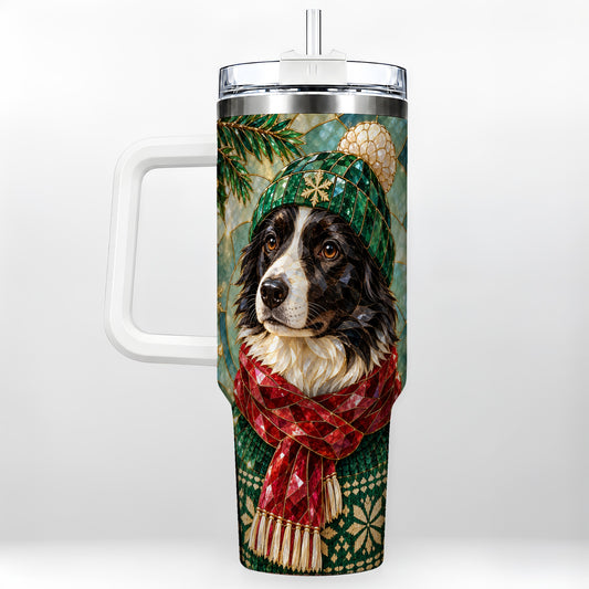 Stained Glass Border Collie 40oz Tumbler with Handle, Christmas Dog