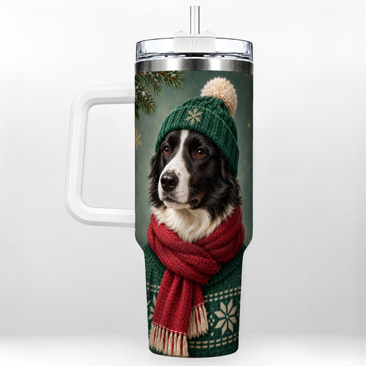 Christmas Border Collie 40oz Tumbler with Handle, Cozy Winter Puppy