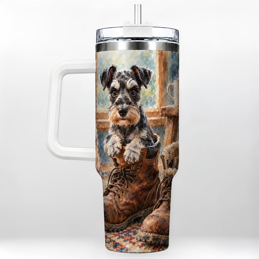 Schnauzer Dog in Boots 40oz Tumbler with Handle, Rustic Puppy Art