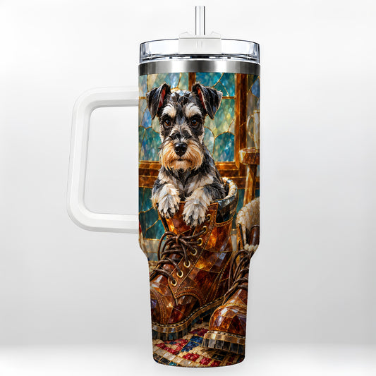 Stained Glass Schnauzer 40oz Tumbler with Handle, Dog in Boots Art