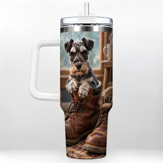 Schnauzer Boots 40oz Tumbler with Handle, Rustic Dog Drinkware