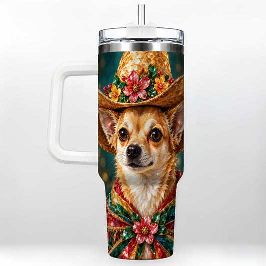 Chihuahua Cowgirl 40oz Tumbler with Handle, Floral Western Dog