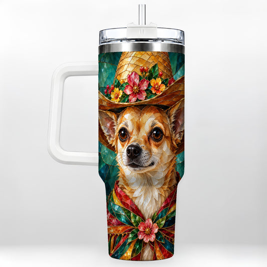 Chihuahua 40oz Tumbler with Handle, Western Stained Glass Style Dog