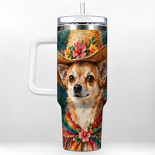 Watercolor Chihuahua 40oz Tumbler with Handle, Floral Western Dog