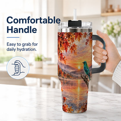 #pl[40oz|Black] Autumn Bird 40oz Tumbler with Handle, Sunset Lake Nature Artwork
