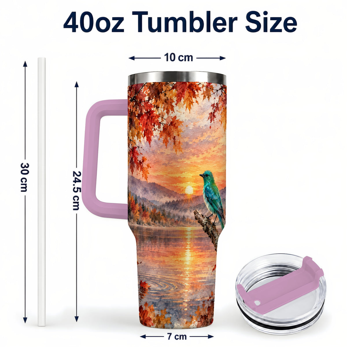 #pl[40oz|Pink] Autumn Bird 40oz Tumbler with Handle, Sunset Lake Nature Artwork