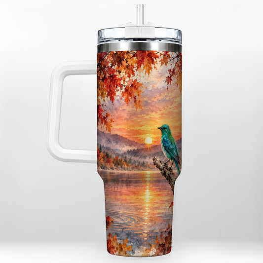 Autumn Bird 40oz Tumbler with Handle, Sunset Lake Nature Artwork