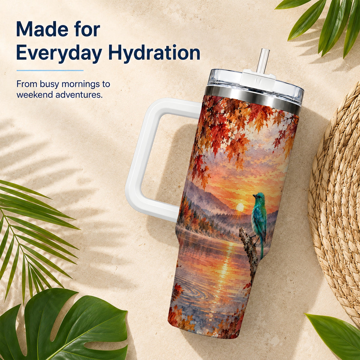 Autumn Bird 40oz Tumbler with Handle, Sunset Lake Nature Artwork