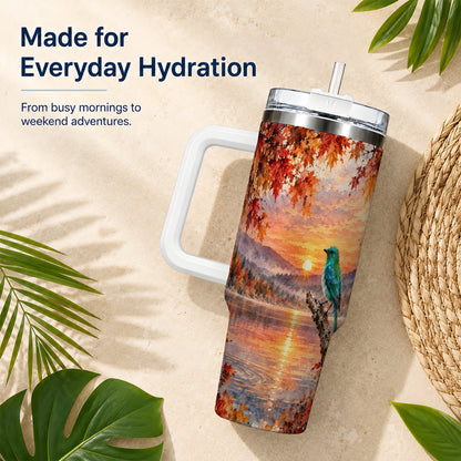 Autumn Bird 40oz Tumbler with Handle, Sunset Lake Nature Artwork