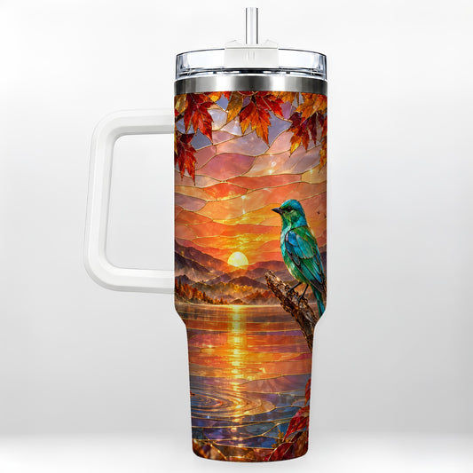 Autumn Bird 40oz Tumbler with Handle, Stained Glass Style Lake Art