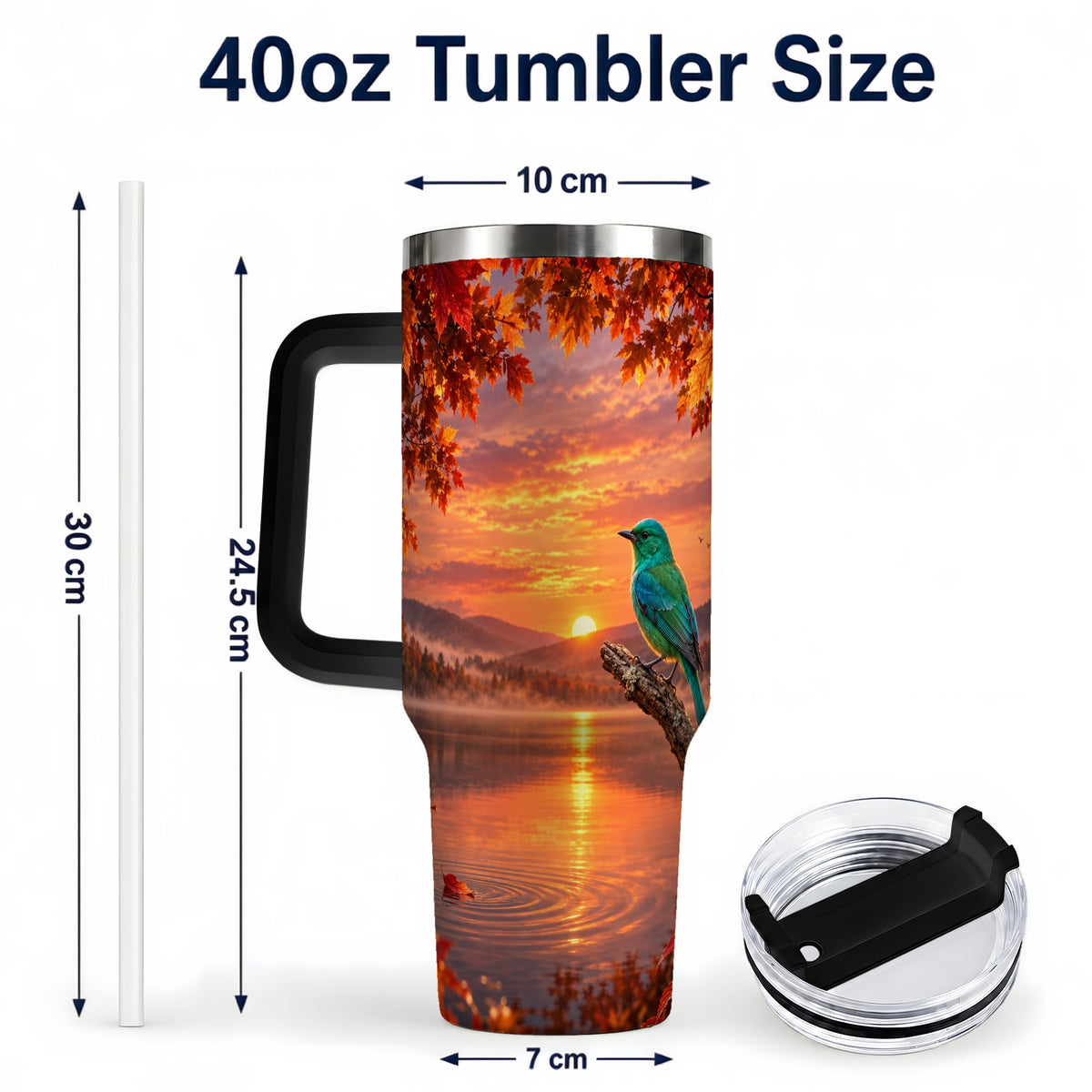 #pl[40oz|Black] Turquoise Bird 40oz Tumbler with Handle, Autumn Mountain Lake Art