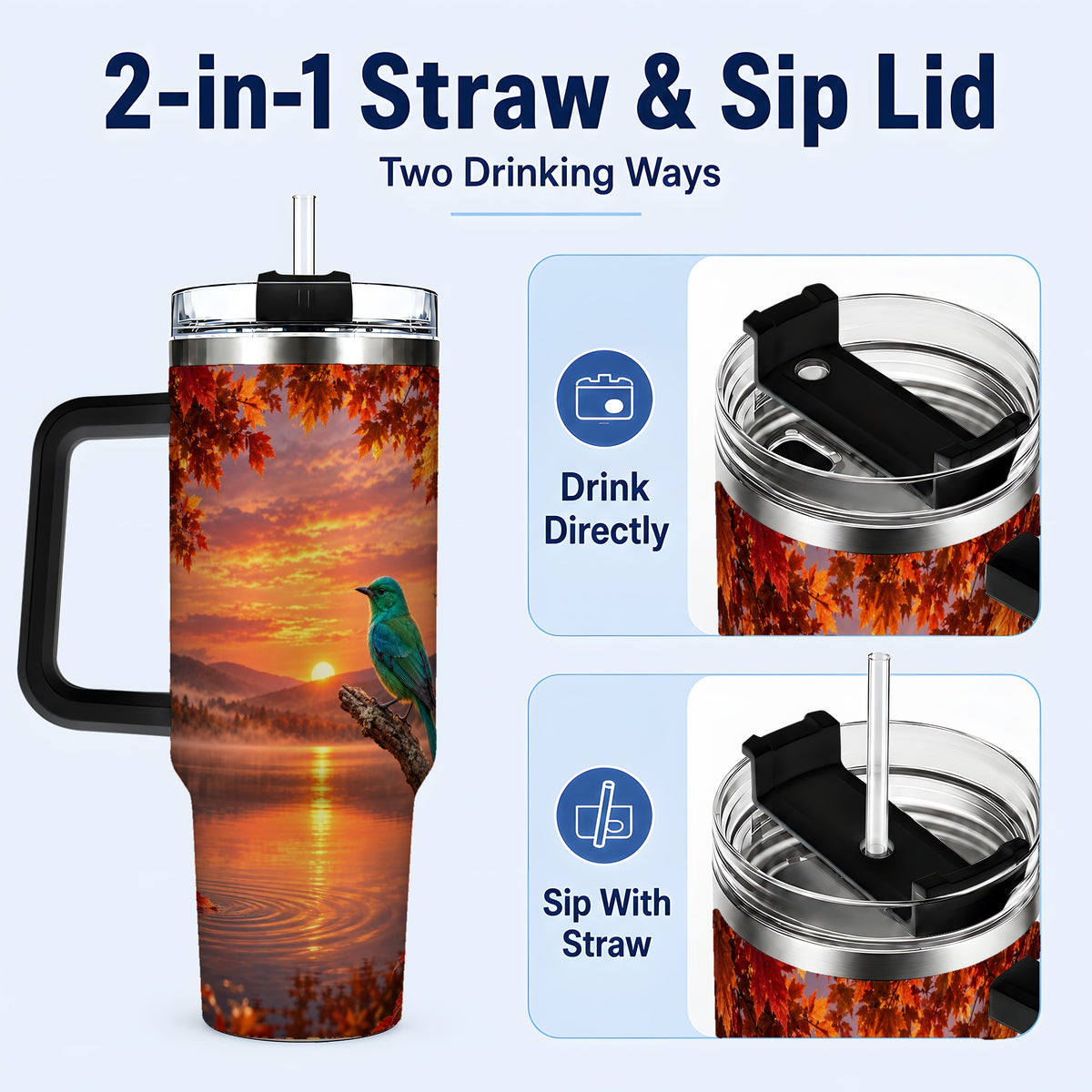 #pl[40oz|Black] Turquoise Bird 40oz Tumbler with Handle, Autumn Mountain Lake Art
