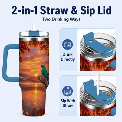 #pl[40oz|Blue] Turquoise Bird 40oz Tumbler with Handle, Autumn Mountain Lake Art