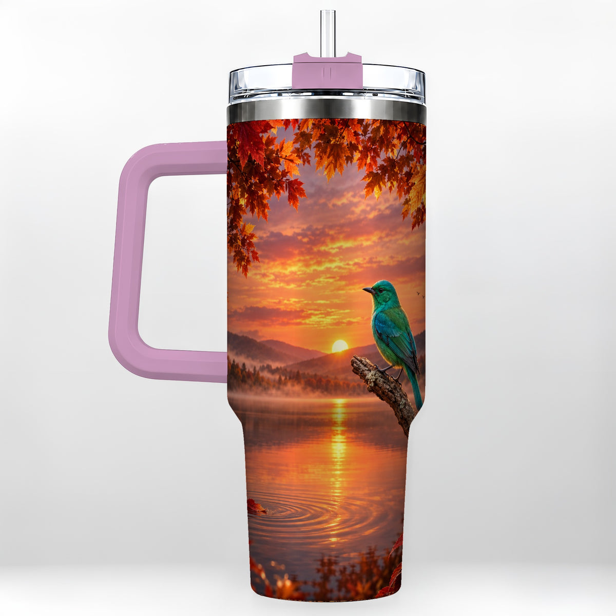 #pl[40oz|Pink] Turquoise Bird 40oz Tumbler with Handle, Autumn Mountain Lake Art
