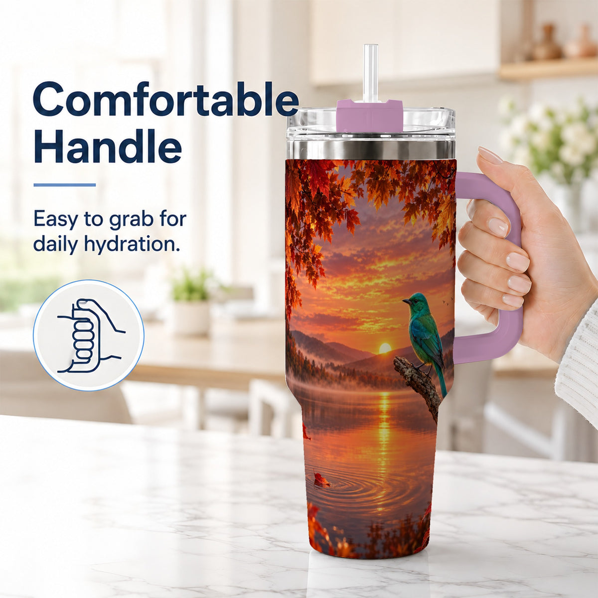#pl[40oz|Pink] Turquoise Bird 40oz Tumbler with Handle, Autumn Mountain Lake Art