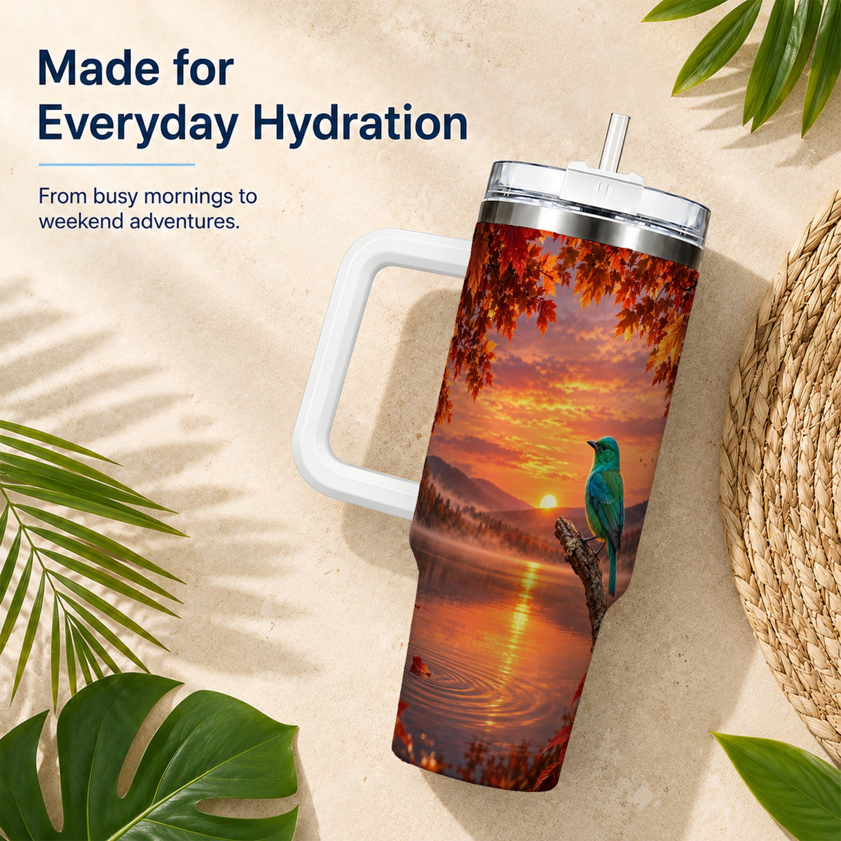 Turquoise Bird 40oz Tumbler with Handle, Autumn Mountain Lake Art