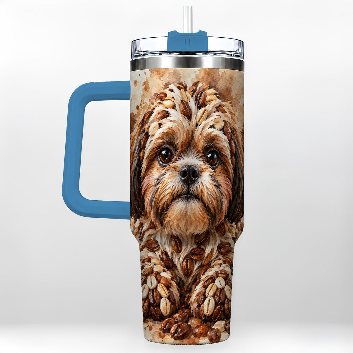 #pl[40oz|Blue] Shih Tzu 40oz Tumbler with Handle, Coffee Bean Puppy Artwork