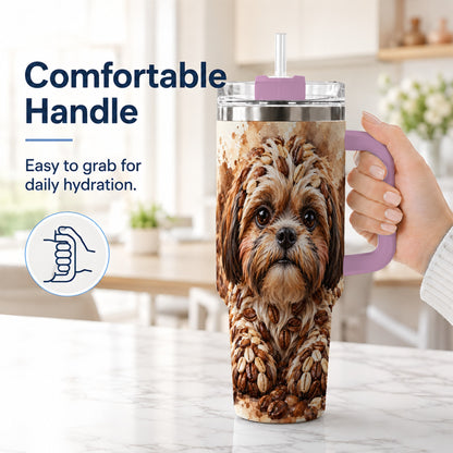 #pl[40oz|Pink] Shih Tzu 40oz Tumbler with Handle, Coffee Bean Puppy Artwork