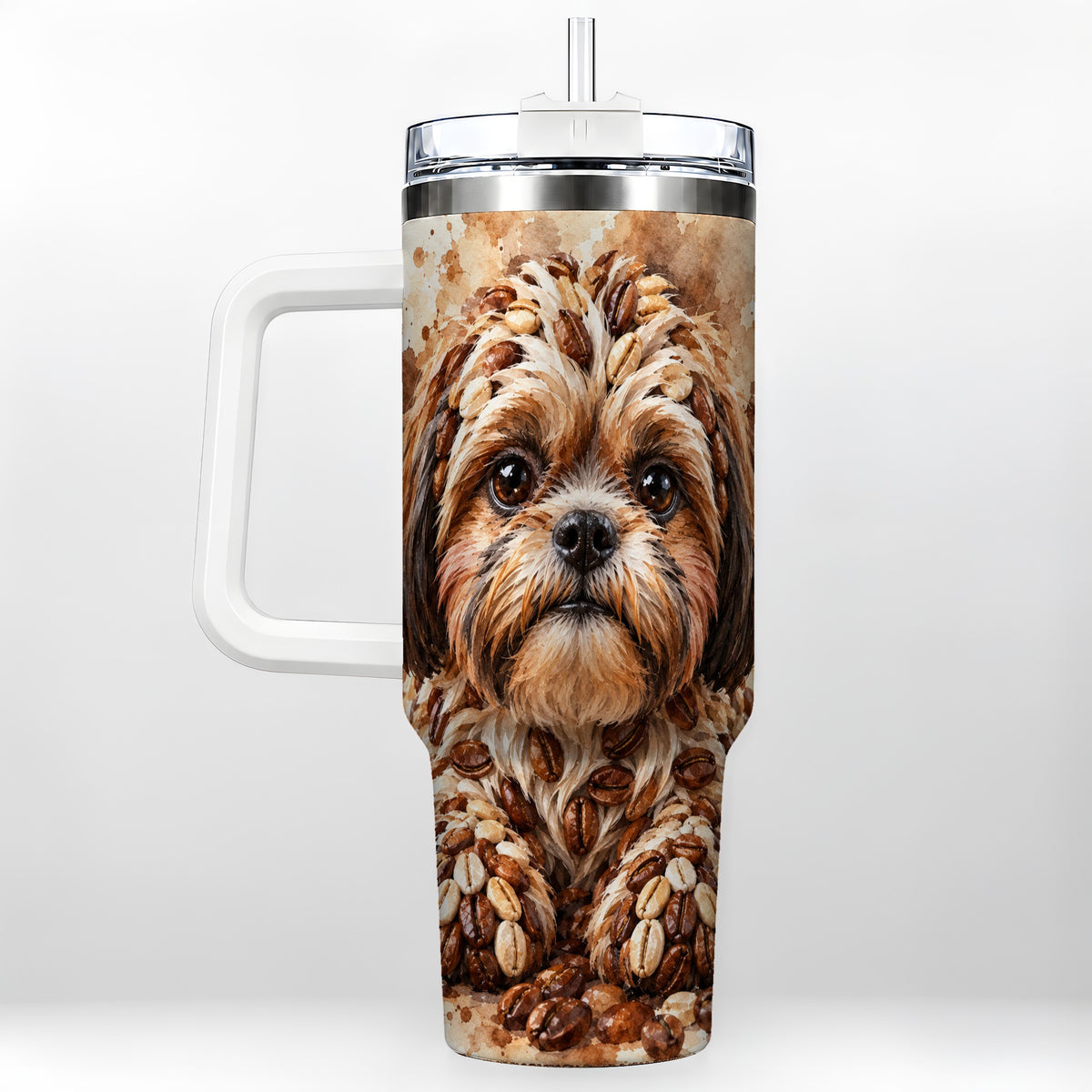 Shih Tzu 40oz Tumbler with Handle, Coffee Bean Puppy Artwork