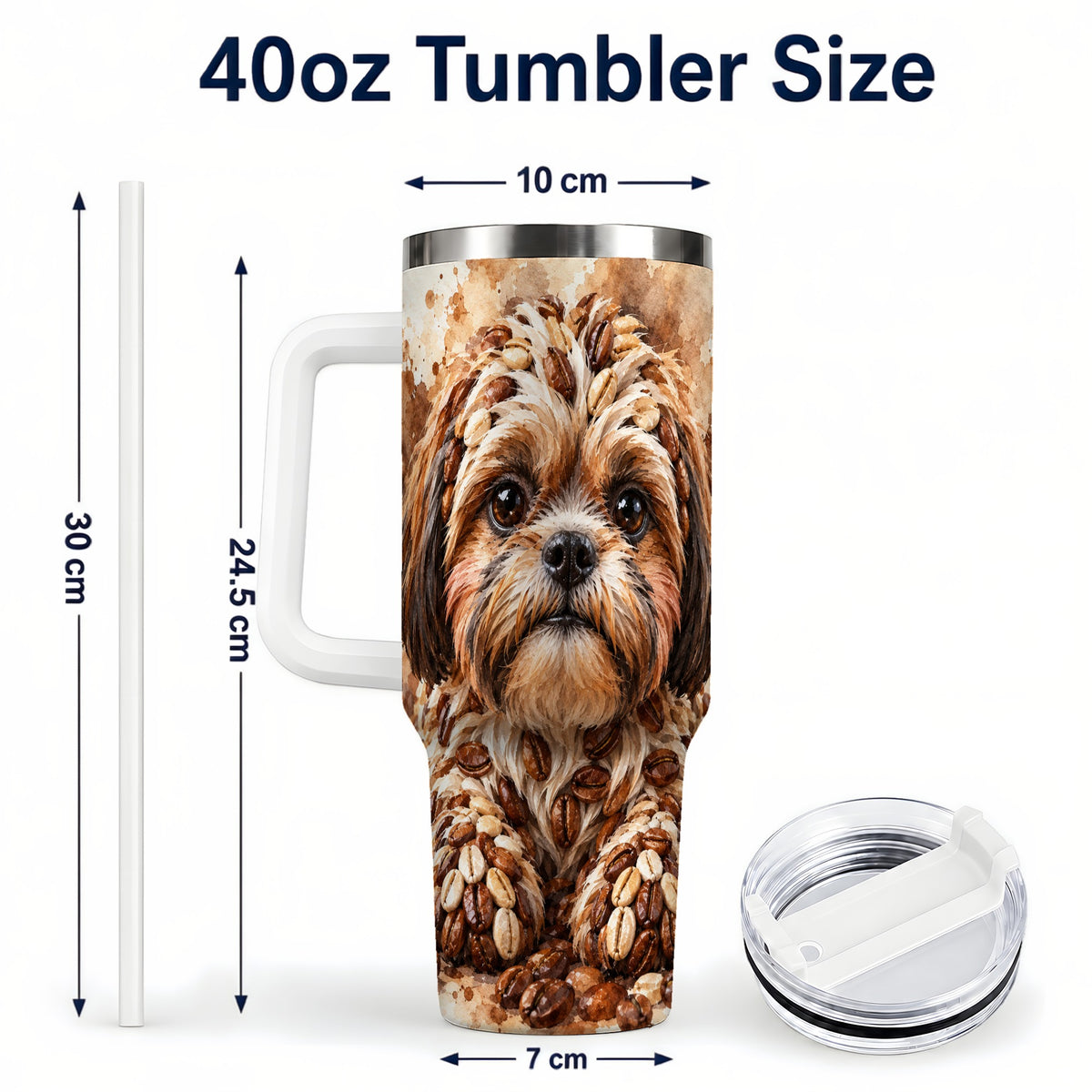 #pl[40oz|White] Shih Tzu 40oz Tumbler with Handle, Coffee Bean Puppy Artwork