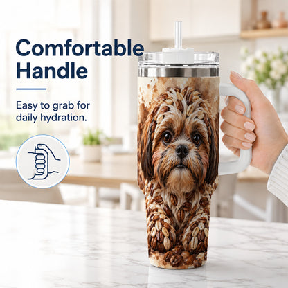 #pl[40oz|White] Shih Tzu 40oz Tumbler with Handle, Coffee Bean Puppy Artwork