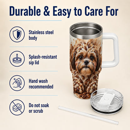 Shih Tzu 40oz Tumbler with Handle, Coffee Bean Puppy Artwork