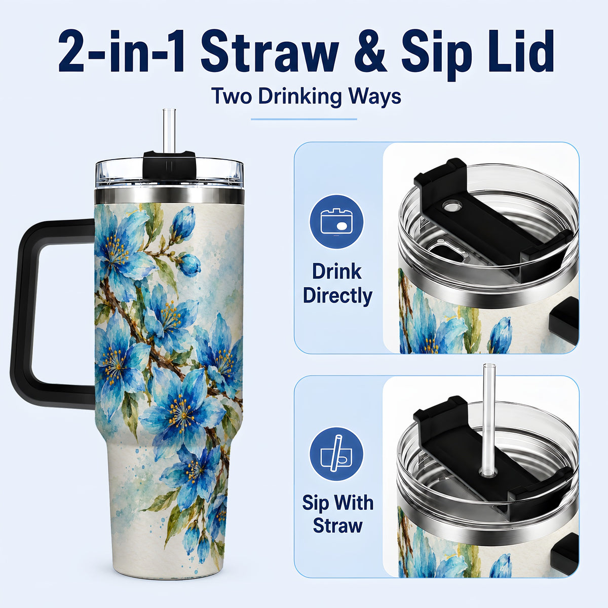 #pl[40oz|Black] Blue Floral 40oz Tumbler with Handle, Watercolor Botanical Travel Cup