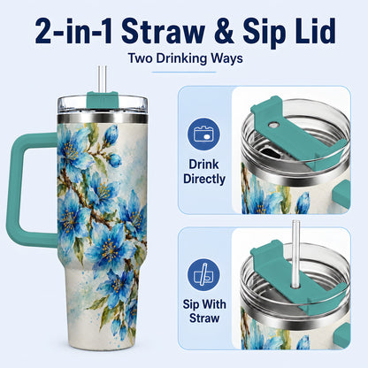 #pl[40oz|Green] Blue Floral 40oz Tumbler with Handle, Watercolor Botanical Travel Cup