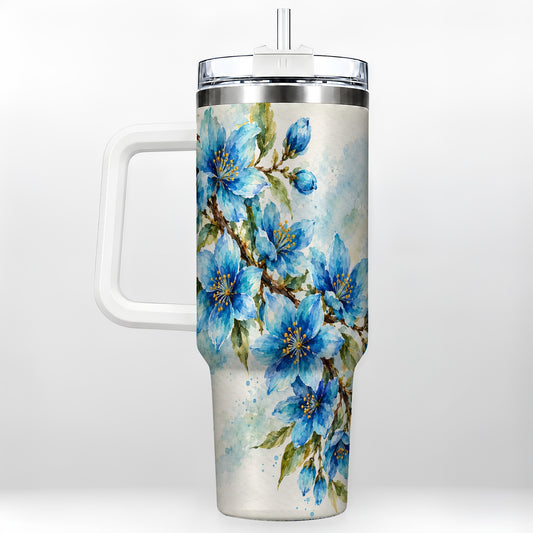 Blue Floral 40oz Tumbler with Handle, Watercolor Botanical Travel Cup