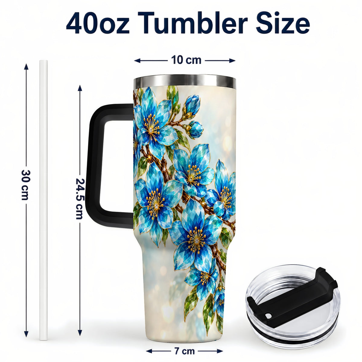 #pl[40oz|Black] Blue Crystal Floral 40oz Tumbler with Handle, Gemstone Blossom Art