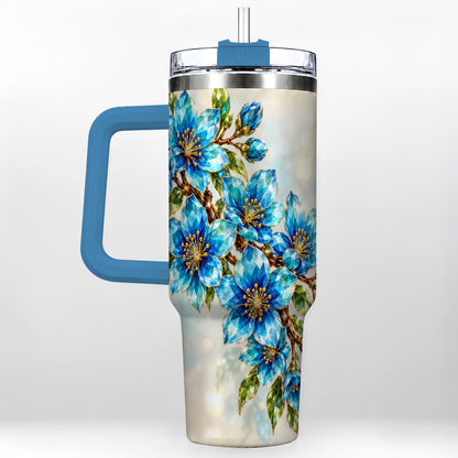 #pl[40oz|Blue] Blue Crystal Floral 40oz Tumbler with Handle, Gemstone Blossom Art