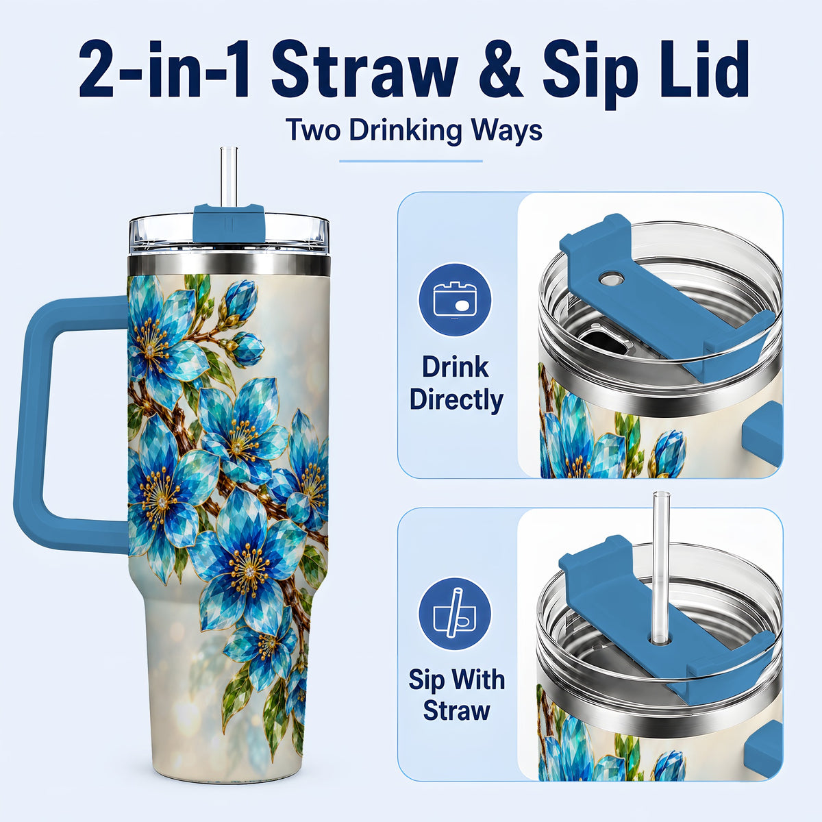 #pl[40oz|Blue] Blue Crystal Floral 40oz Tumbler with Handle, Gemstone Blossom Art