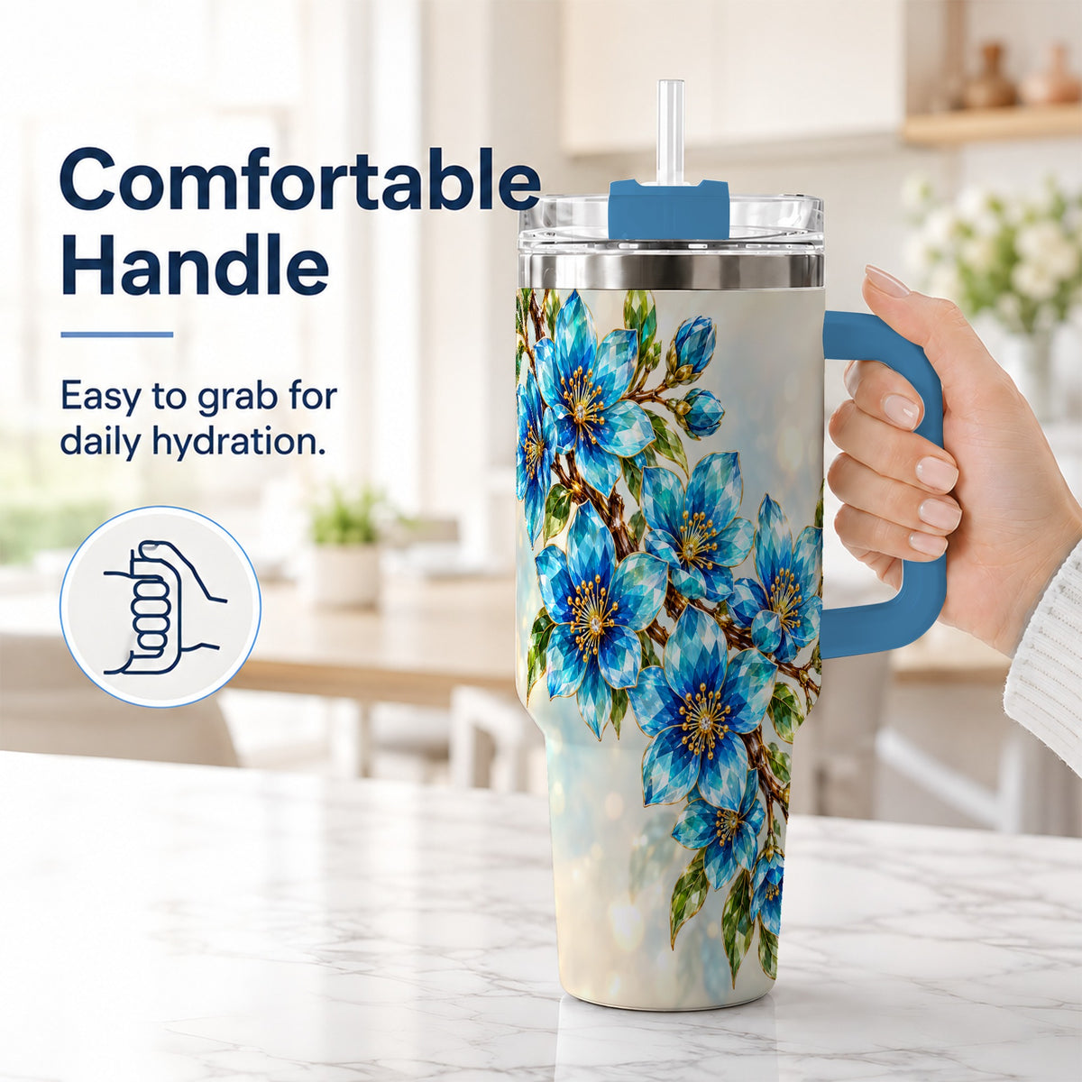 #pl[40oz|Blue] Blue Crystal Floral 40oz Tumbler with Handle, Gemstone Blossom Art