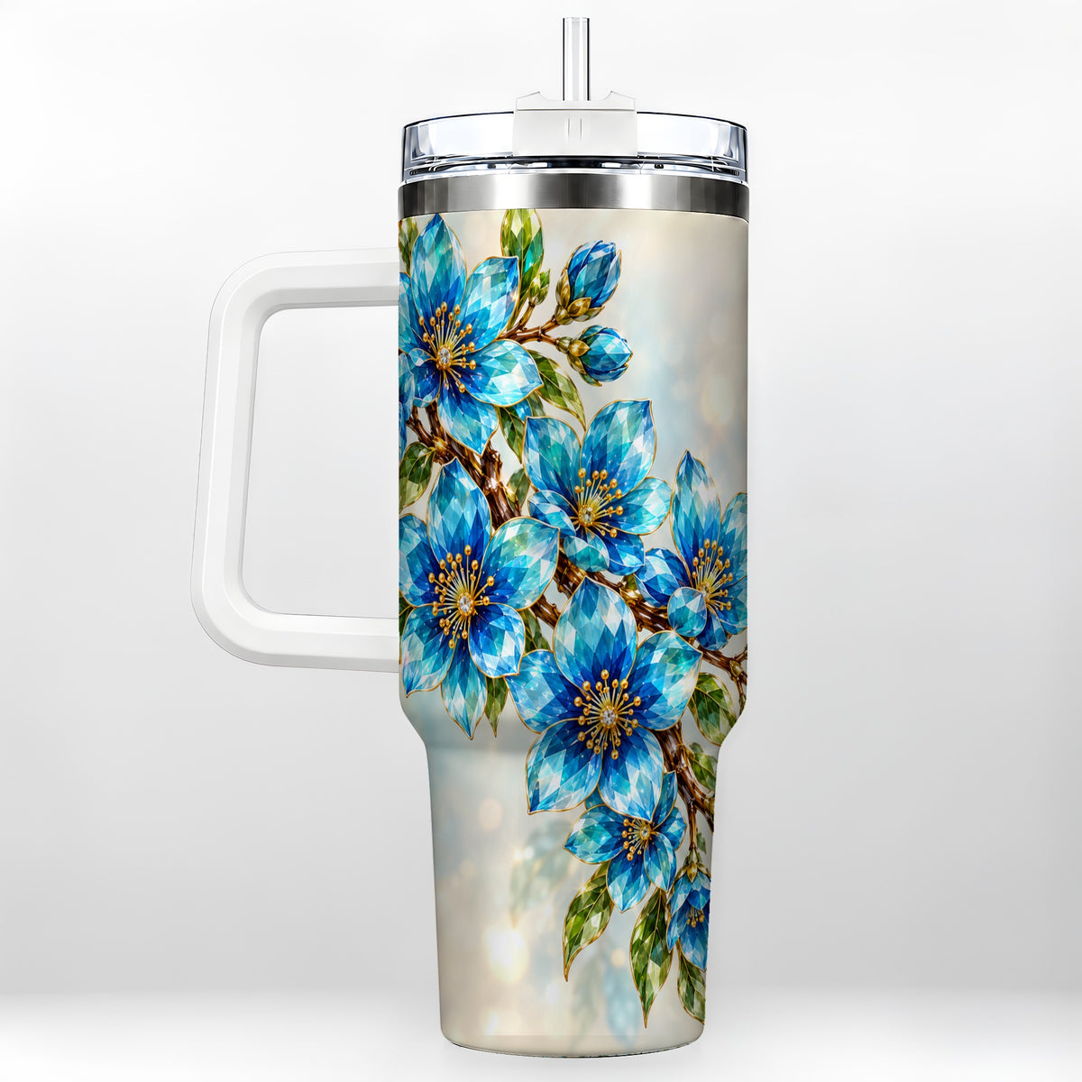 Blue Crystal Floral 40oz Tumbler with Handle, Gemstone Blossom Art