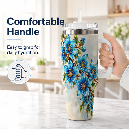 #pl[40oz|White] Blue Crystal Floral 40oz Tumbler with Handle, Gemstone Blossom Art