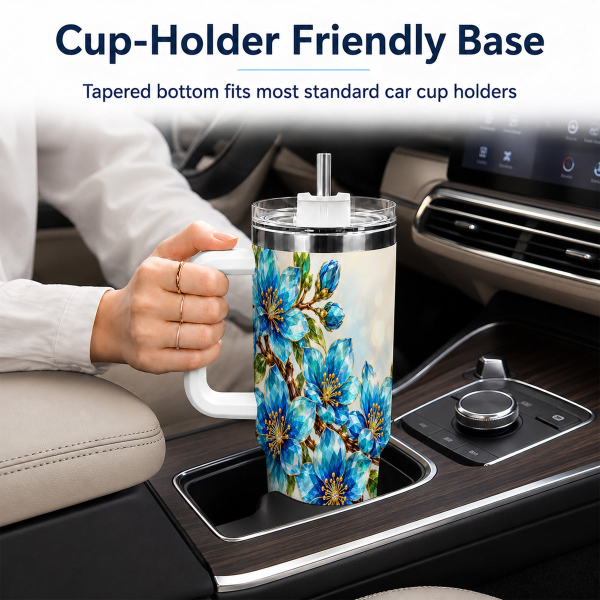 Blue Crystal Floral 40oz Tumbler with Handle, Gemstone Blossom Art