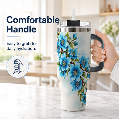 #pl[40oz|Black] Sky Blue Floral 40oz Tumbler with Handle, Botanical Blossom Art