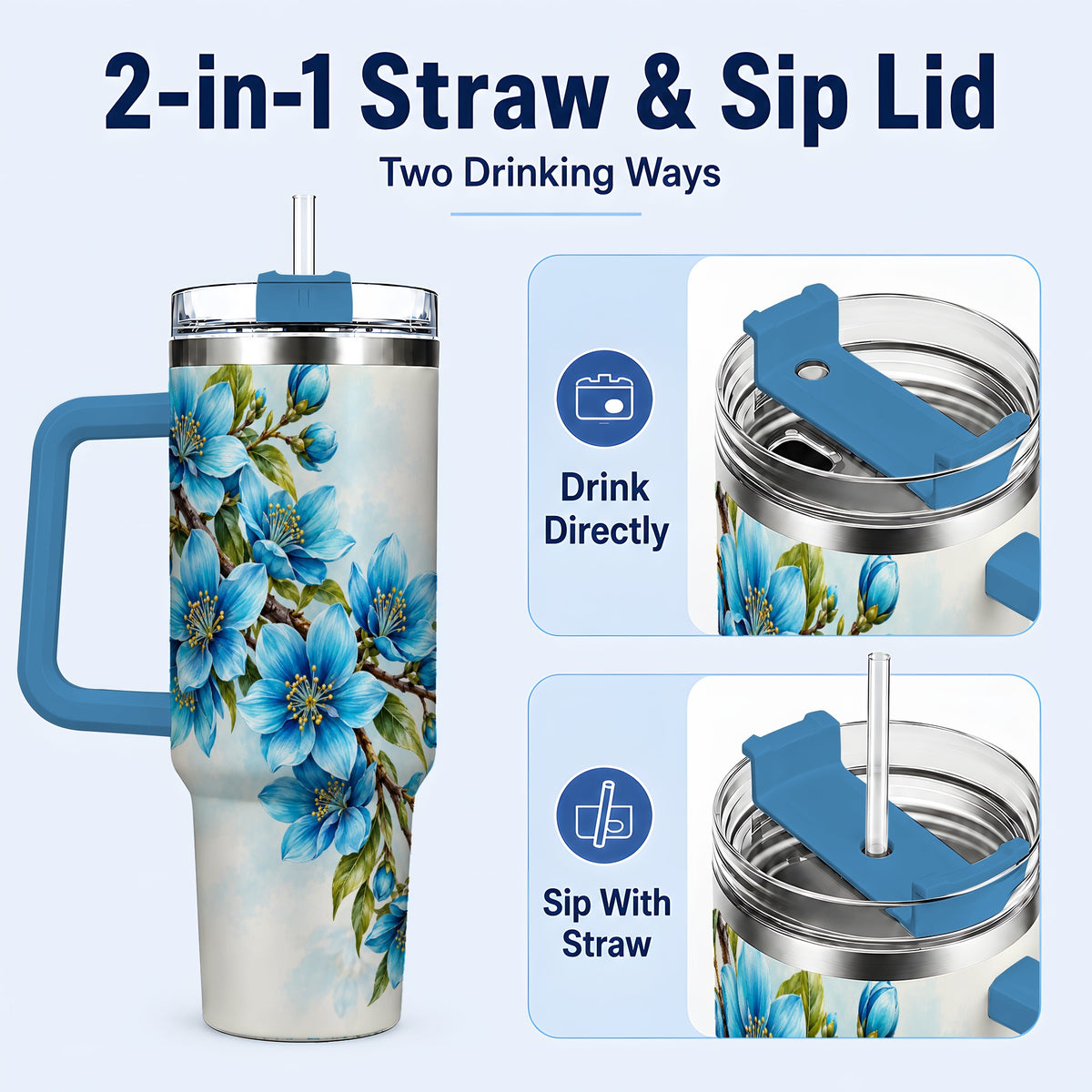 #pl[40oz|Blue] Sky Blue Floral 40oz Tumbler with Handle, Botanical Blossom Art
