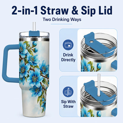 #pl[40oz|Blue] Sky Blue Floral 40oz Tumbler with Handle, Botanical Blossom Art