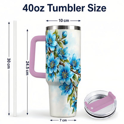 #pl[40oz|Pink] Sky Blue Floral 40oz Tumbler with Handle, Botanical Blossom Art